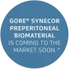 In a blue circle, text reads: GORE® SYNECOR Preperitoneal Biomaterial is coming to the market soon *