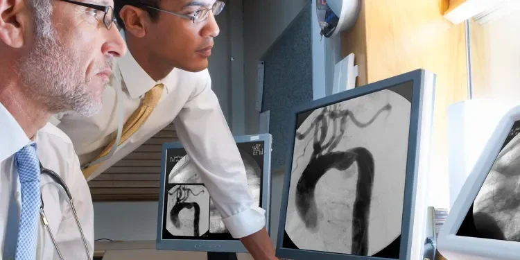 two doctors viewing angiogram