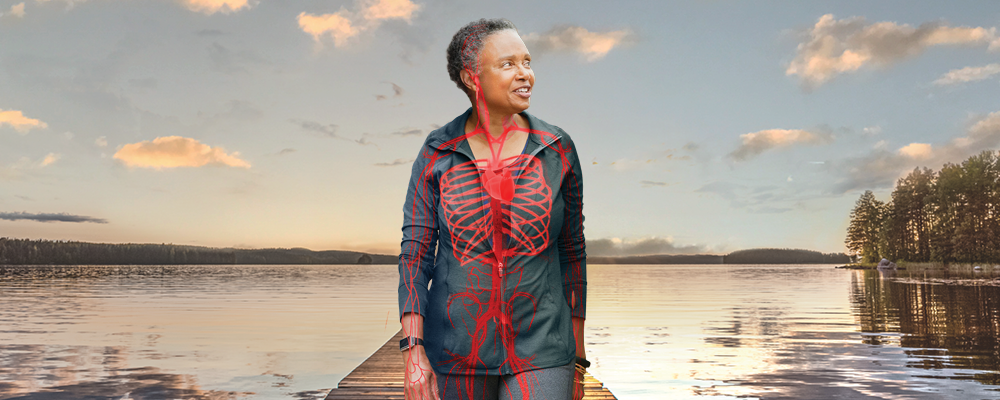 Woman on a lake with a visualization her vascular system