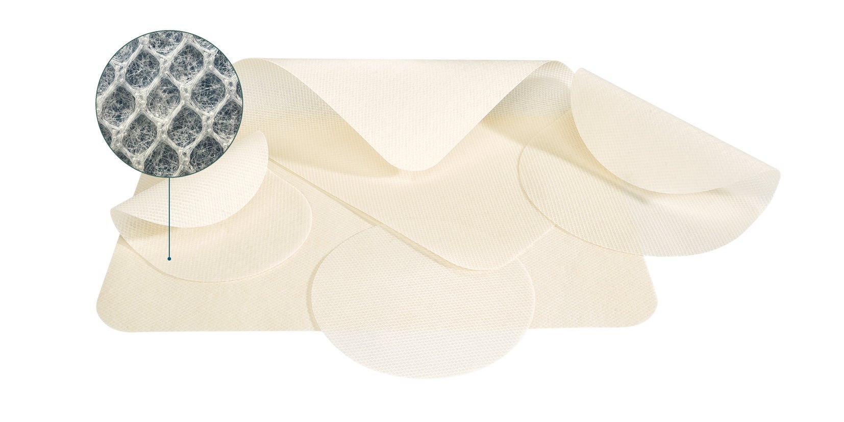 ENFORM intraperitoneal and preperitoneal images both folded over to show texture. Close up of material texture and pattern shown in circle