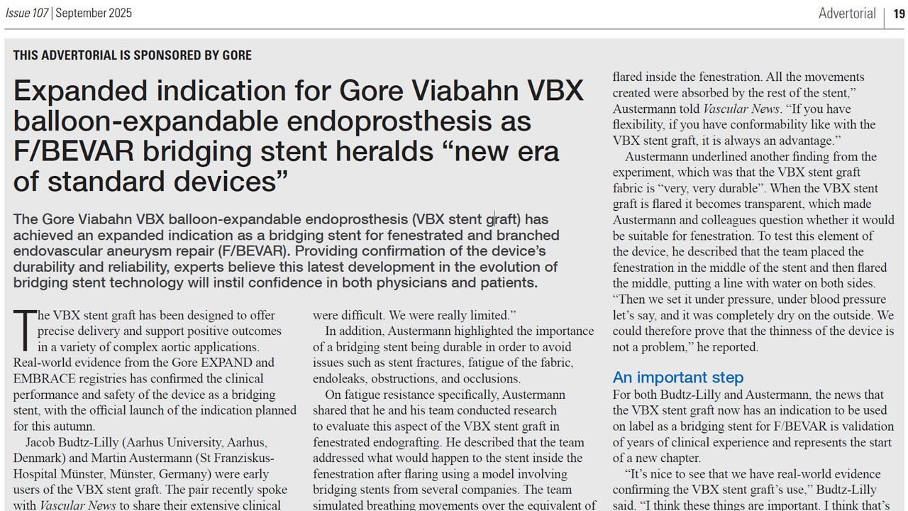 An image of the top half of the Advertorial article. Title reads: "Expanded indication for Gore Viabahn VBX balloon-expandable endoprosthesis as F/BEVAR bridging sten"