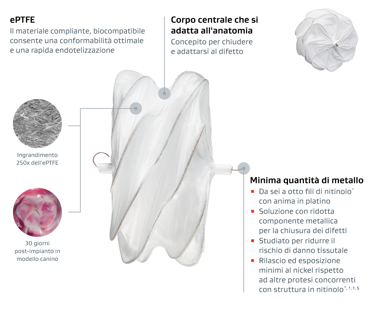 Foto che spiega le caratteristiche dell'occlusore GORE CARDIOFORM ASD Occluder