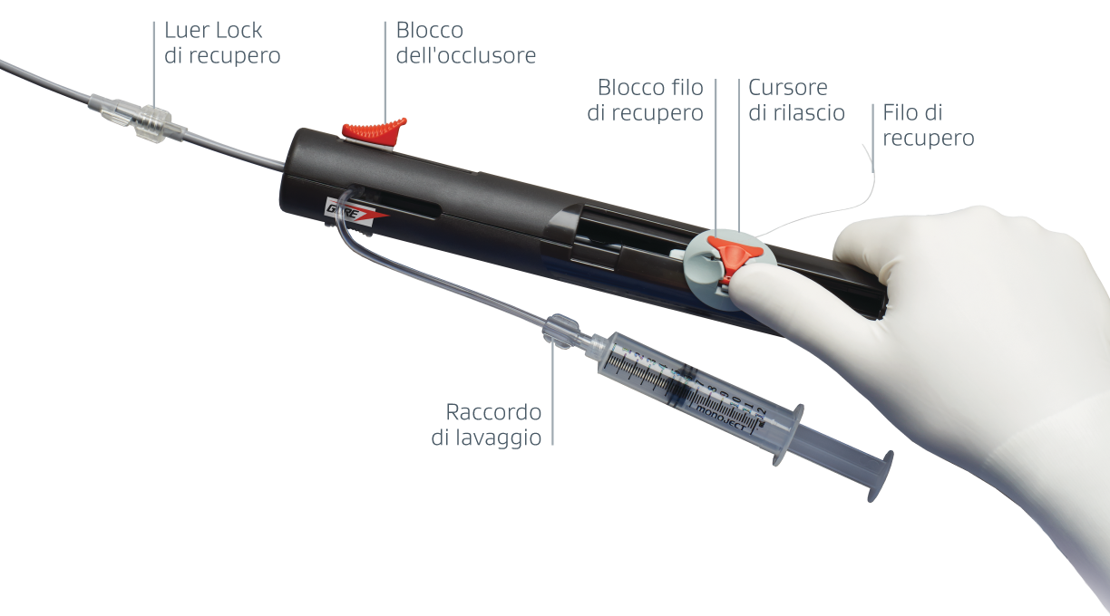 Una mano che tiene l'occlusore GORE CARDIOFORM ASD Occluder con i richiami delle funzioni del prodotto