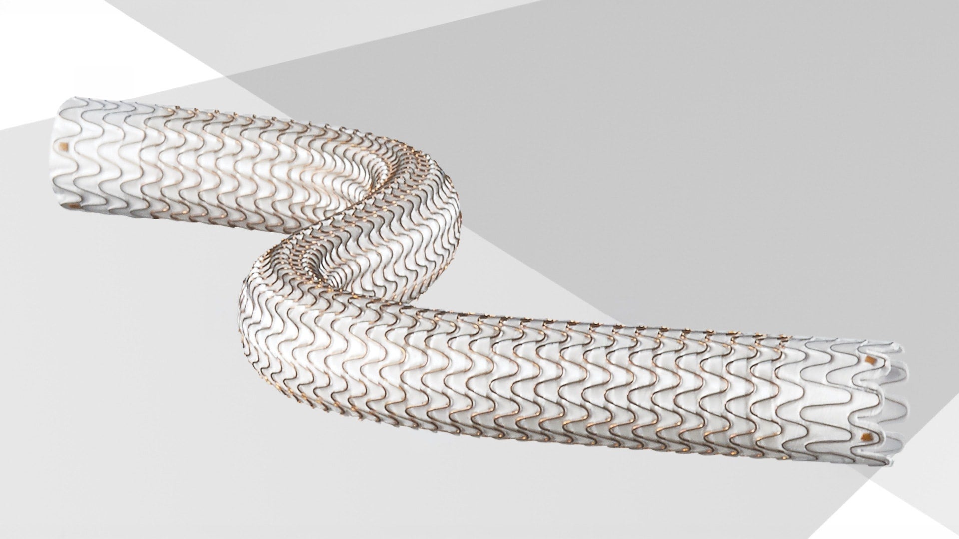 3D medical illustration of the GORE® VIABAHN® Endoprosthesis with PROPATEN Bioactive Surface stent graft device. It is a flexible covered stent graft showing the metallic mesh structure and fabric membrane designed for endovascular surgery