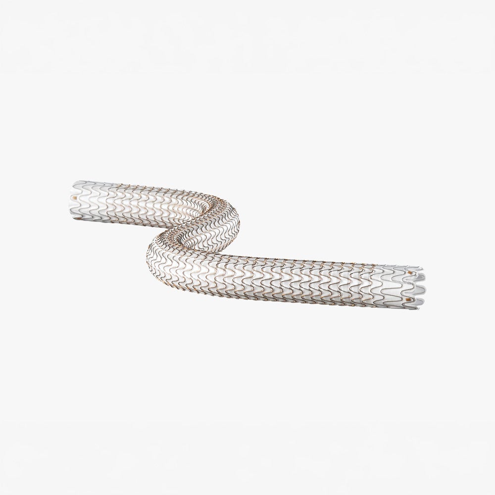 3D medical illustration of the GORE® VIABAHN® Endoprosthesis with PROPATEN Bioactive Surface stent graft device. It is a Flexible covered stent graft showing the metallic mesh structure and fabric membrane designed for endovascular surgery