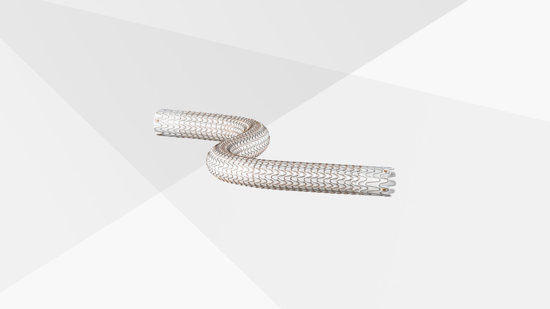 3D medical illustration of the GORE® VIABAHN® Endoprosthesis with PROPATEN Bioactive Surface stent graft device. It is a flexible covered stent graft showing the metallic mesh structure and fabric membrane designed for endovascular surgery