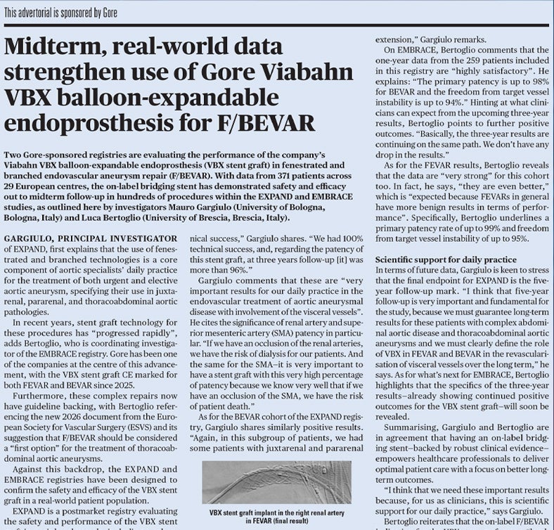 Image of an advertorial on real-world data of the VBX Stent Graft, which was published by Vascular News in Issue 110, which was published in April 2026.