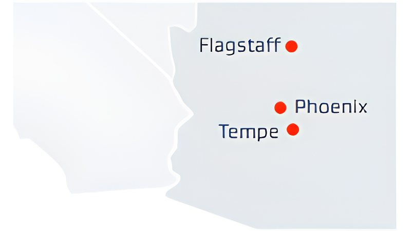 The image shows a simplified outline map of the state of Arizona, highlighting the cities of Flagstaff, Phoenix, and Tempe marked with red dots.