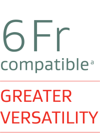 Graphic displaying the text “6 Fr compatibleᵃ” above the headline “GREATER VERSATILITY,” separated by a thin red horizontal line.
