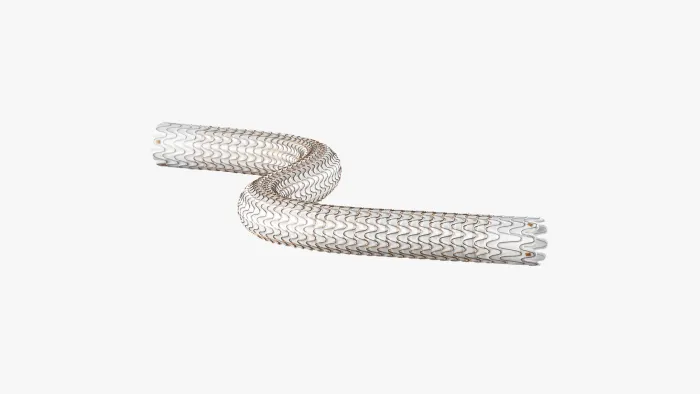 3D medical illustration of the GORE® VIABAHN® Endoprosthesis with PROPATEN Bioactive Surface stent graft device. It is a Flexible covered stent graft showing the metallic mesh structure and fabric membrane designed for endovascular surgery