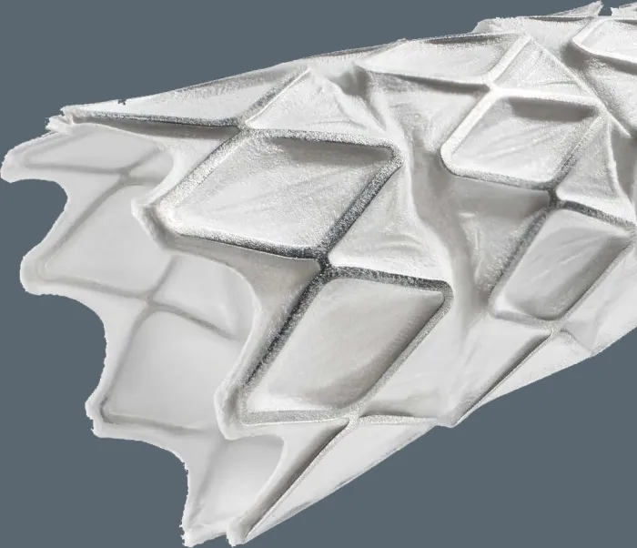Close-up of the GORE® VIABAHN® VBX Balloon Expandable Endoprosthesis showing the stent structure and graft material.