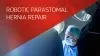 A photo of doctors performing an operation, with a transparent red banner and text that reads: "ROBOTIC PARASTOMAL HERNIA REPAIR"