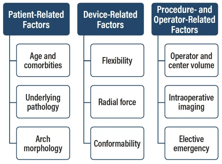 Factors influencing technical and clinical outcomes in TEVAR. Adapted from Böckler D. TEVAR in the aortic arch—influence of the proximal landing zone on outcome. In: Greenhalgh RM, ed. Vascular and Endovascular Controversies Update: 1978–2015. London, UK: BIBA Medidcal; 2015.