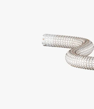 3D medical illustration of the GORE® VIABAHN® Endoprosthesis with PROPATEN Bioactive Surface stent graft device. It is a Flexible covered stent graft showing the metallic mesh structure and fabric membrane designed for endovascular surgery